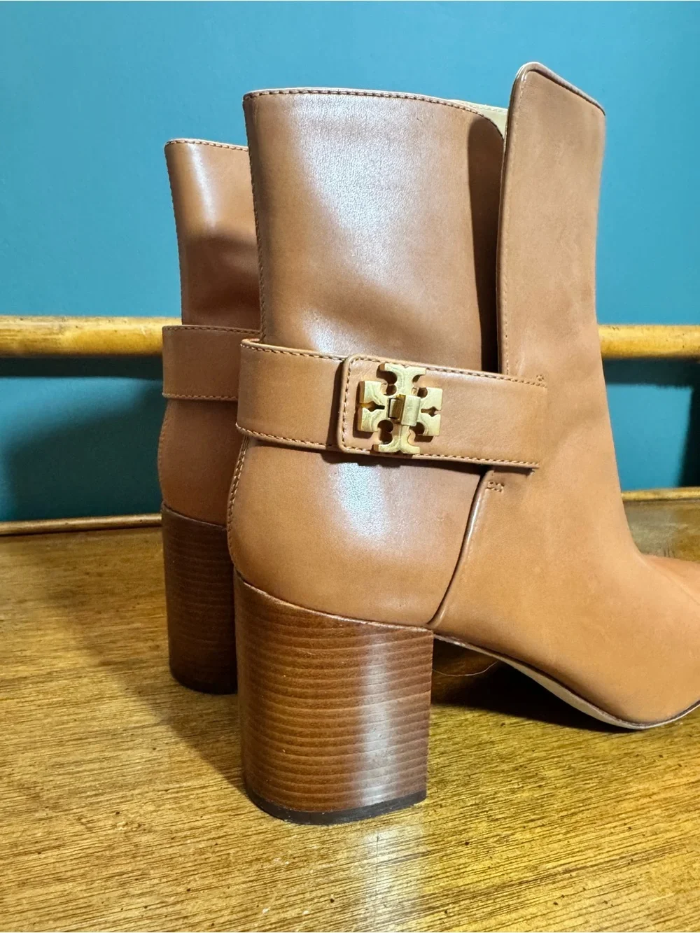 Tory Burch Cognac Leather Ankle Boots with Gold Logo Accent